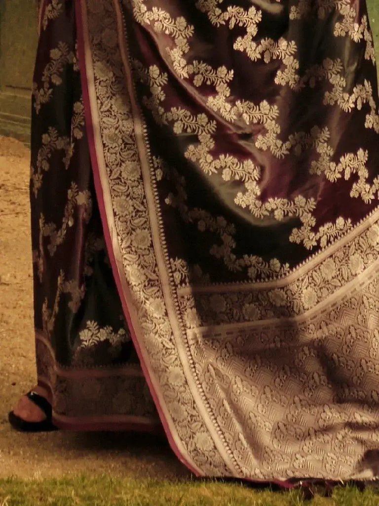 Charming Wine Zari Weaving Satin Wedding Wear Saree With Blouse