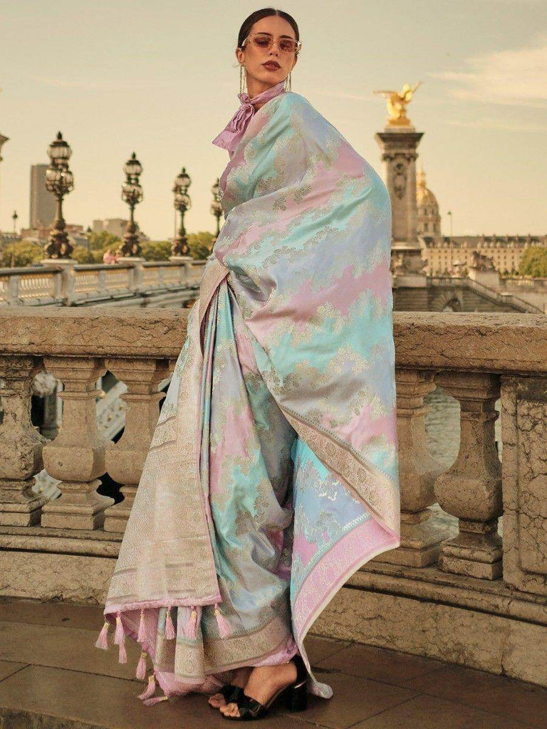 Captivating Multi-Color Zari Woven Satin Festival Wear Saree