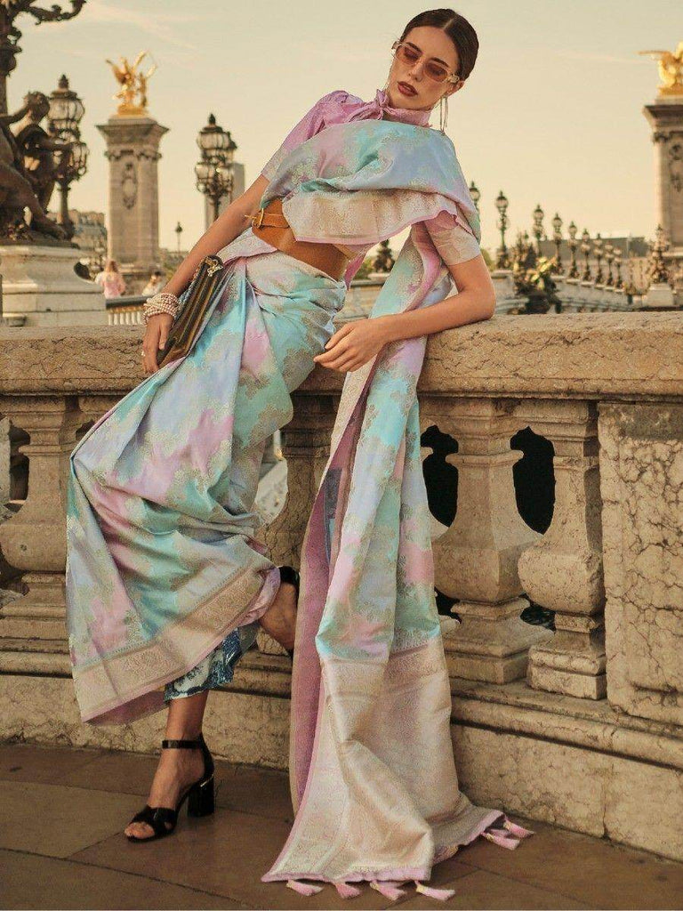 Captivating Multi-Color Zari Woven Satin Festival Wear Saree