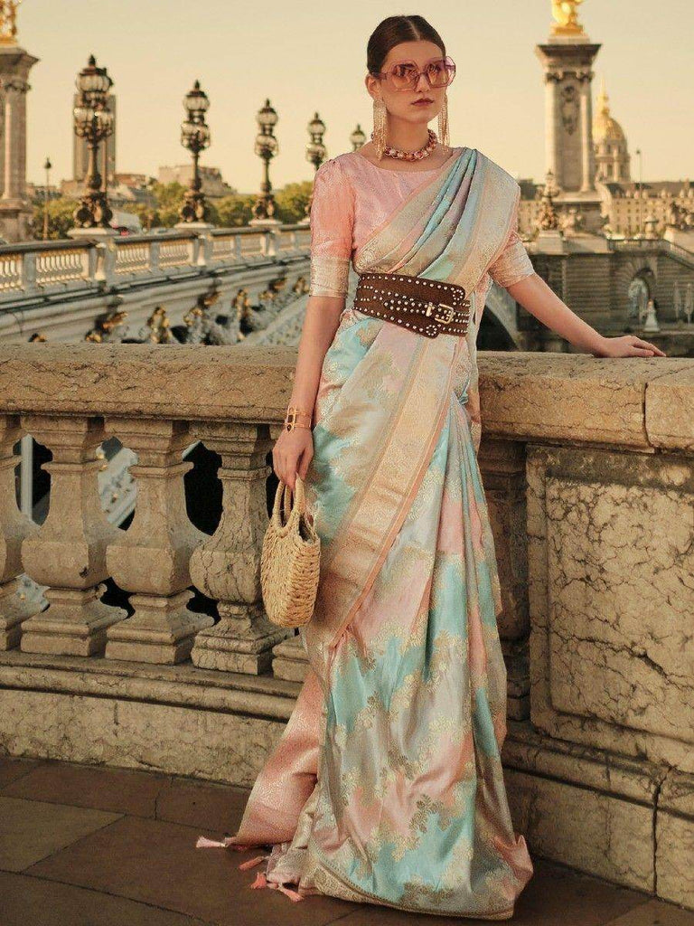 Fascinating Multi-Color Zari Weaving Satin Event Wear Saree With Blouse