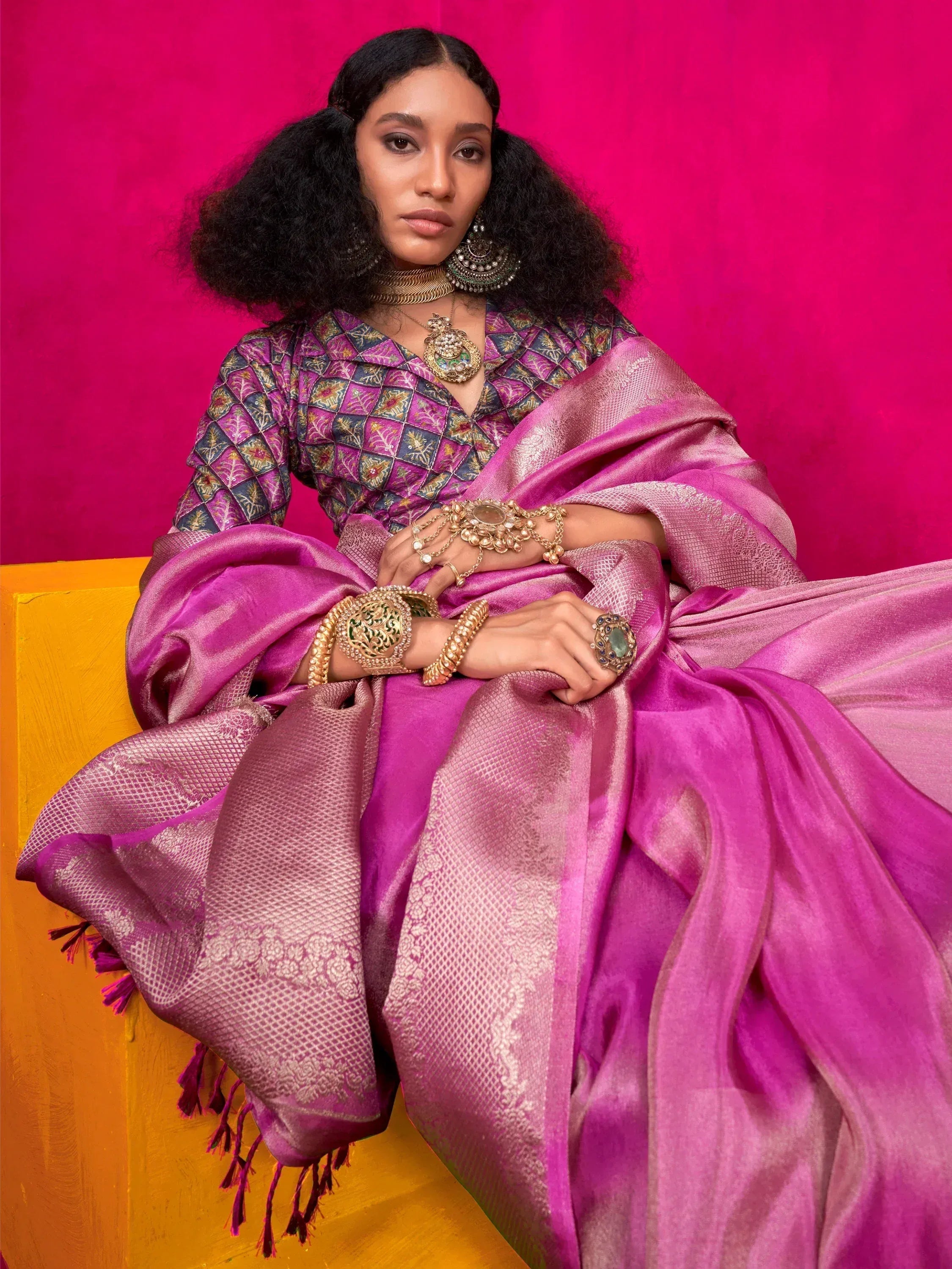 Woman in vibrant pink silk saree with gold embroidery, paired with traditional Indian jewelry and a patterned blouse.