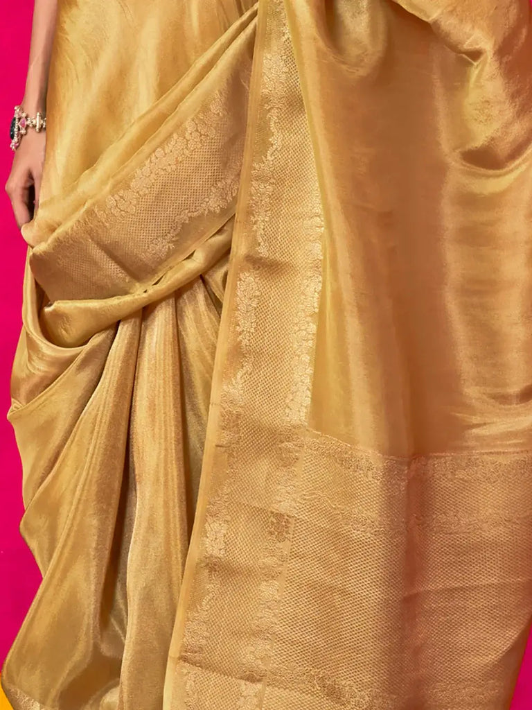 Attractive Mustard Yellow Zari Weaving Pure Silk Saree With Blouse