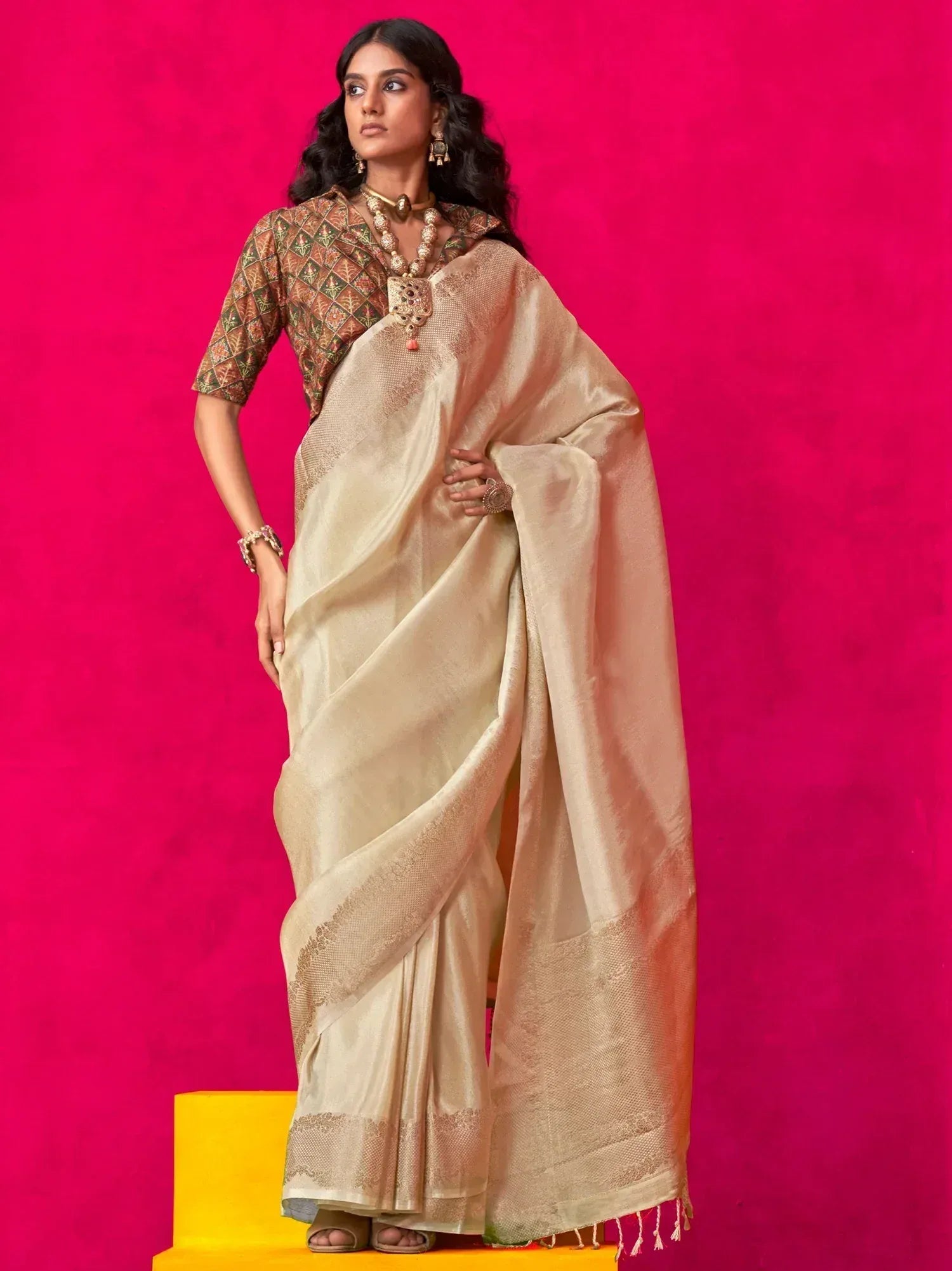 Elegant beige saree with intricate border, paired with patterned blouse and traditional jewelry