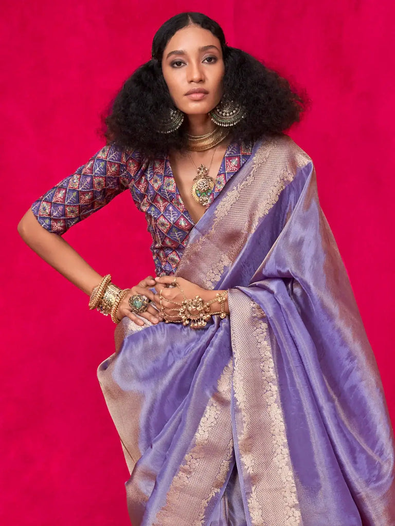 Fascinating Lavender Zari Weaving Pure Tissue Silk Saree With Blouse