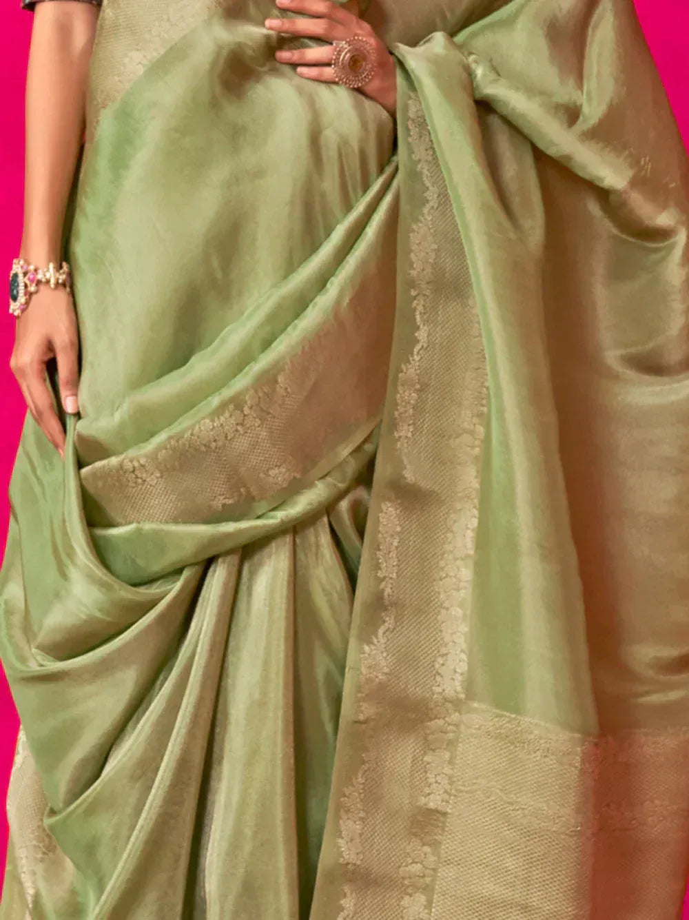 Mint green designer saree with gold border, ethnic wear for women