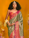 Marvelous Olive Green Zari Weaving Silk Banarasi Saree With Blouse