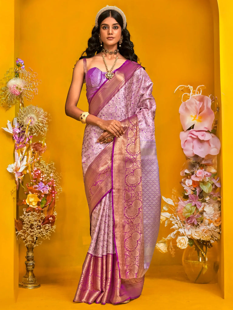 Excellent Lavender Zari Weaving Silk Festival Wear Saree With Blouse
