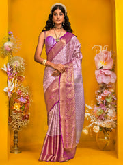 Excellent Lavender Zari Weaving Silk Festival Wear Saree With Blouse