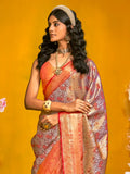 Awesome Grey & Orange Zari Weaving Silk Saree With Blouse