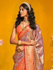 Awesome Grey & Orange Zari Weaving Silk Saree With Blouse