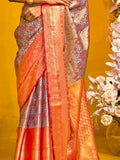 Awesome Grey & Orange Zari Weaving Silk Saree With Blouse
