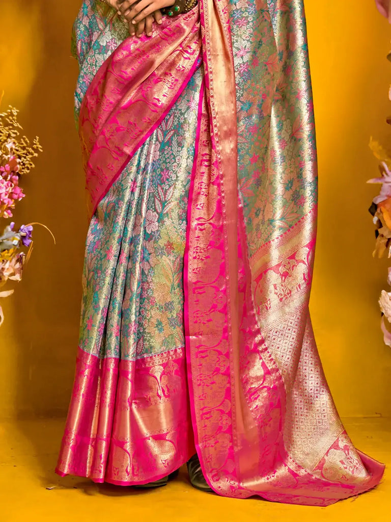 Amazing Sky-Blue Zari Weaving Silk Banarasi Saree With Blouse