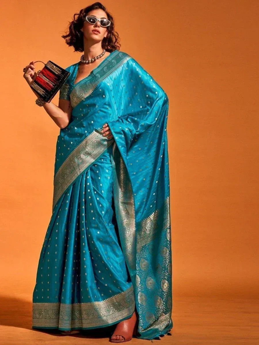 Turquoise silk saree with gold zari border, ethnic Indian wear for women