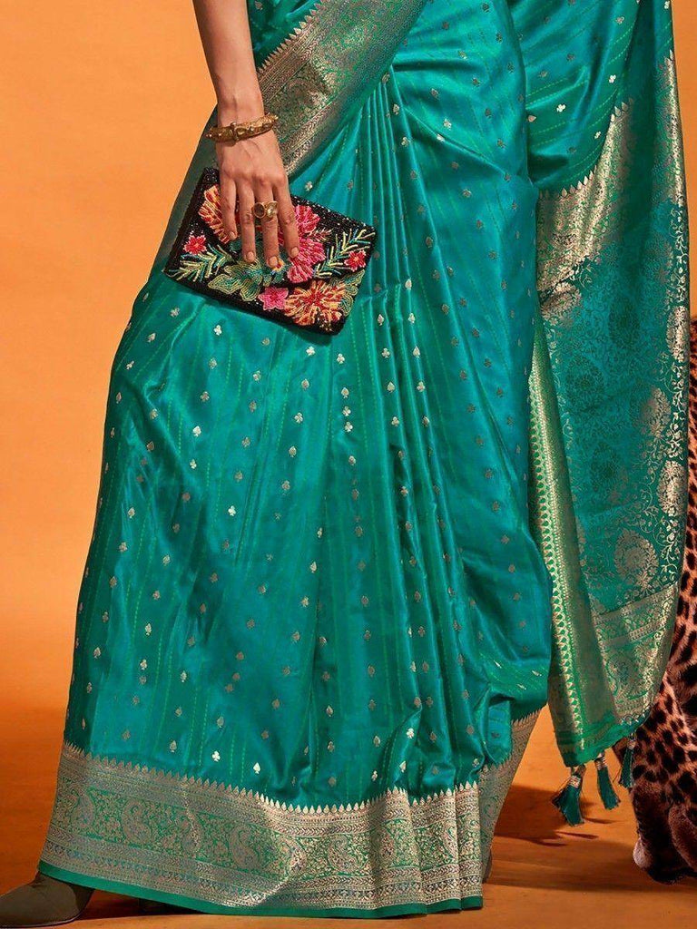 Alluring Teal Blue Zari Weaving Satin Reception Wear Saree With Blouse