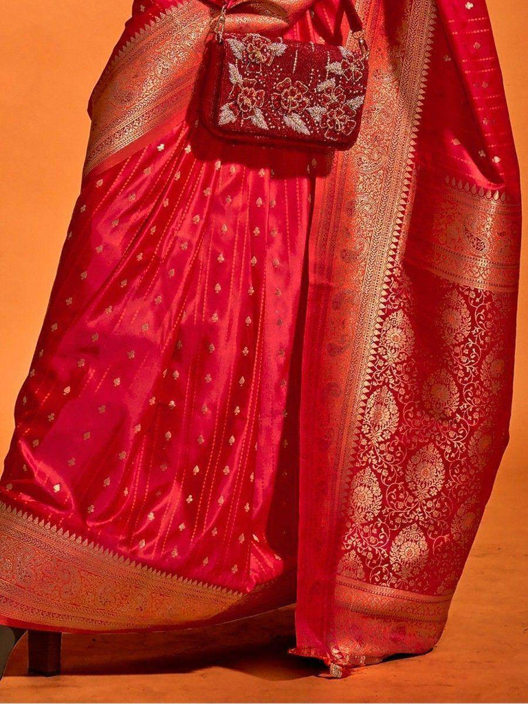 Charming Red Zari Woven Satin Event Wear Saree With Blouse