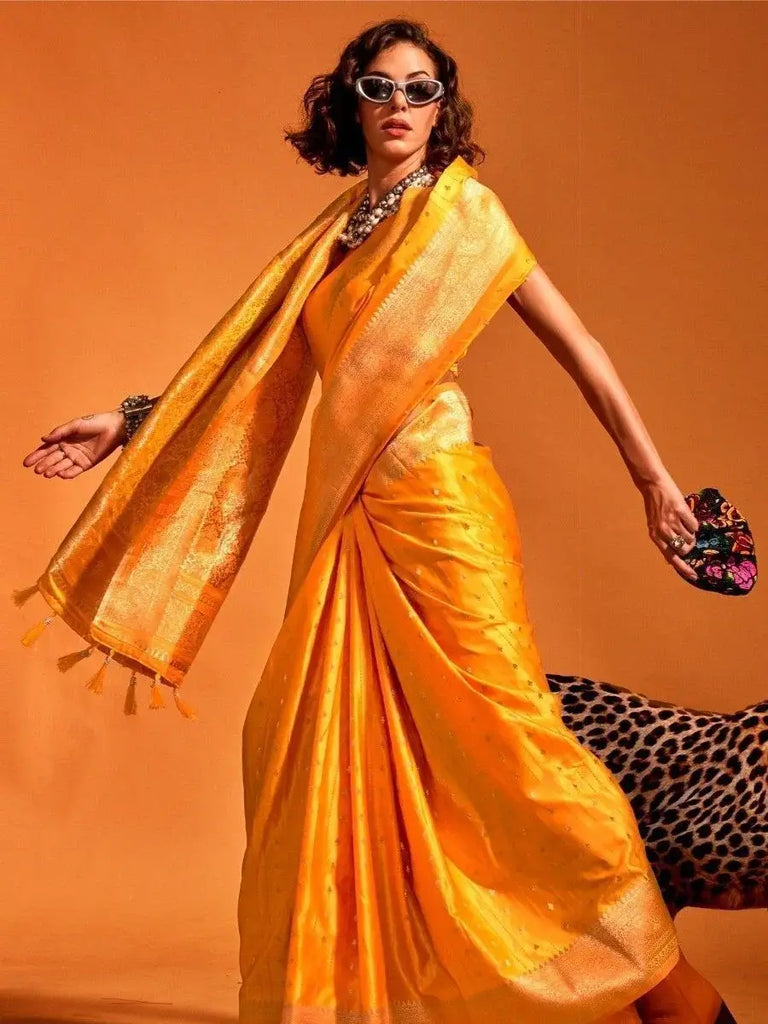Incredible Yellow Zari Woven Satin Haldi Wear Saree With Blouse