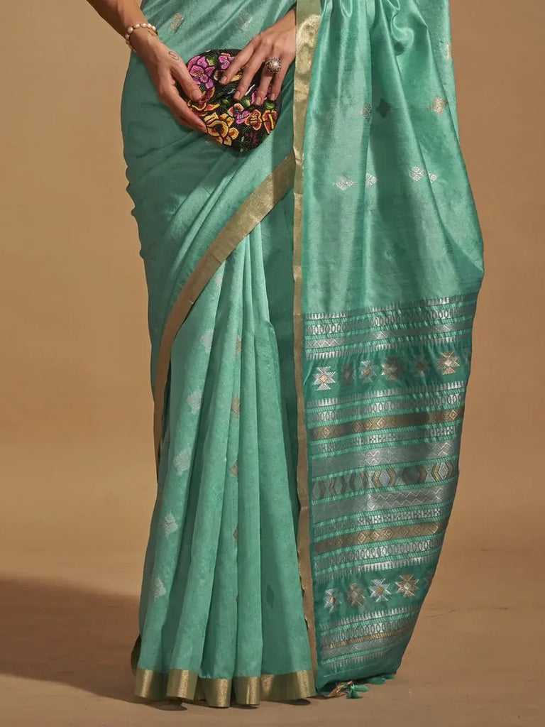 Enchanting Turquoise Weaving Silk Event Wear Saree With Blouse