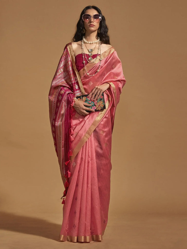 Glamorous Coral Red Weaving Silk Traditional Saree With Blouse