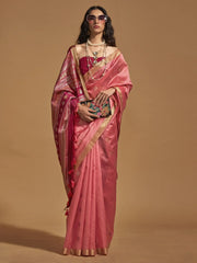 Glamorous Coral Red Weaving Silk Traditional Saree With Blouse