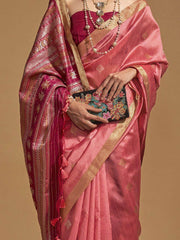 Glamorous Coral Red Weaving Silk Traditional Saree With Blouse
