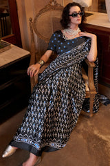 Tantalizing Black Digital Printed Satin Trendy Saree With Blouse