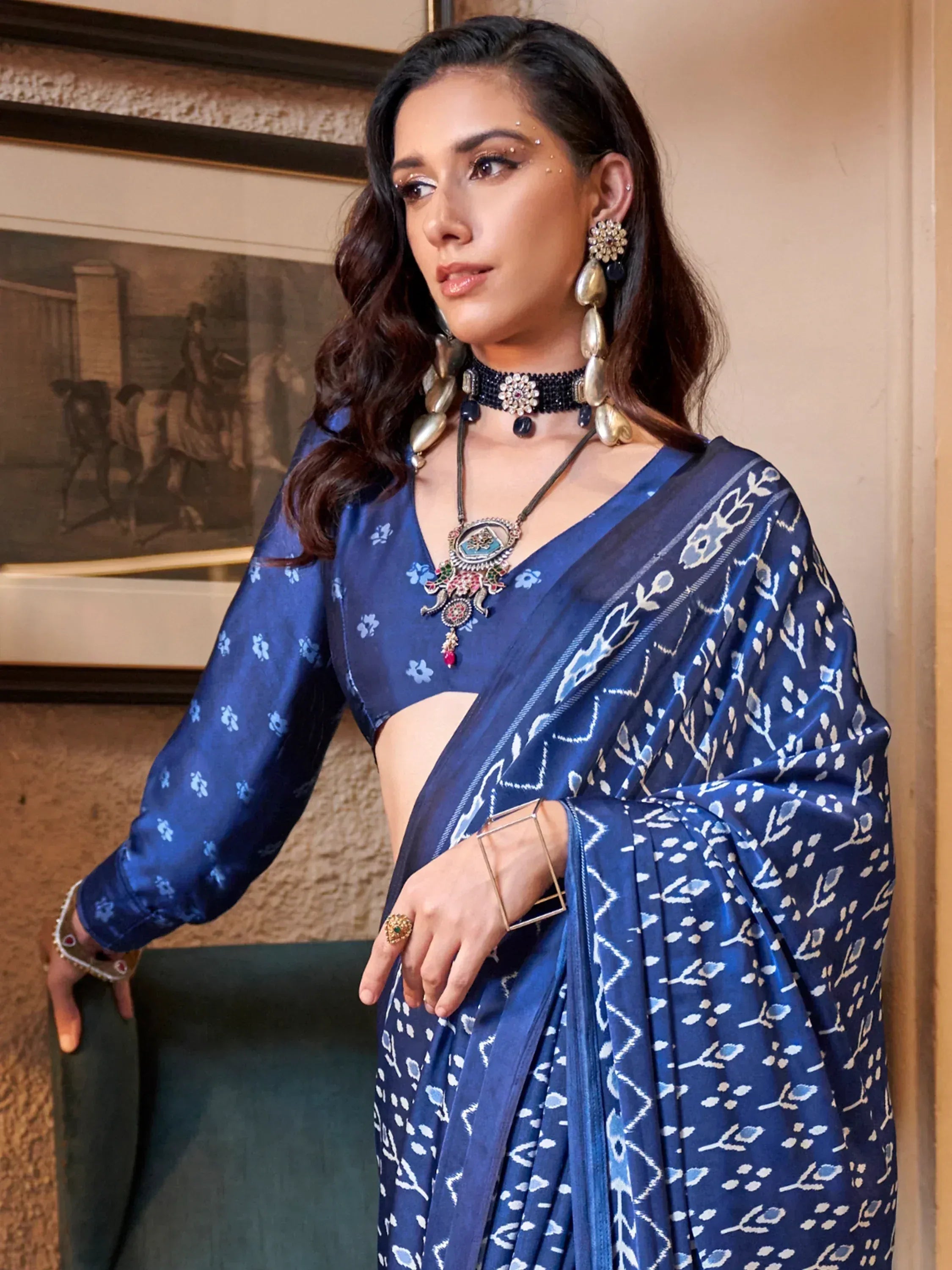 Blue floral printed saree with matching blouse, traditional Indian ethnic wear for women