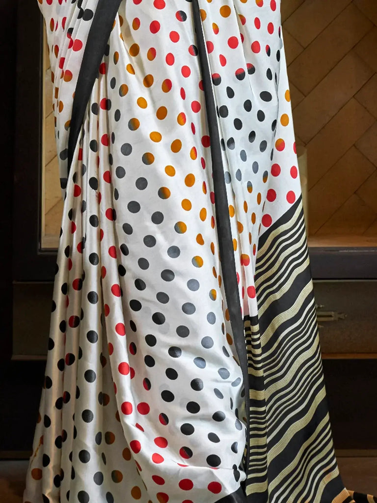 Incredible White Digital Printed Satin Office Wear Saree With Dupatta