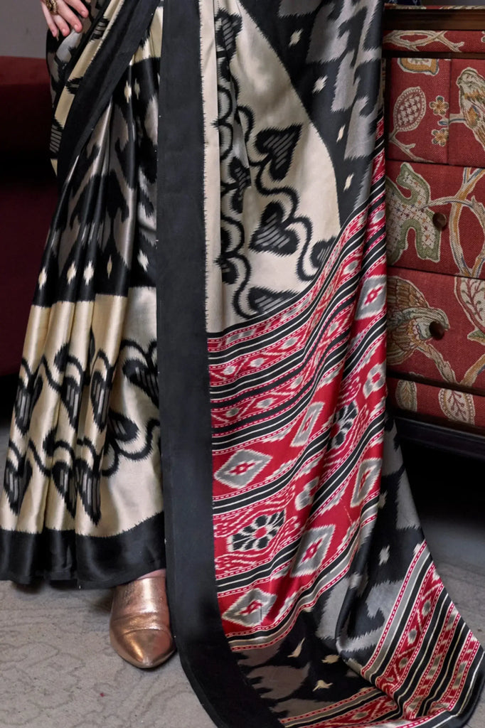 Gorgeous Cream Digital Printed Satin Event Wear Saree With Blouse