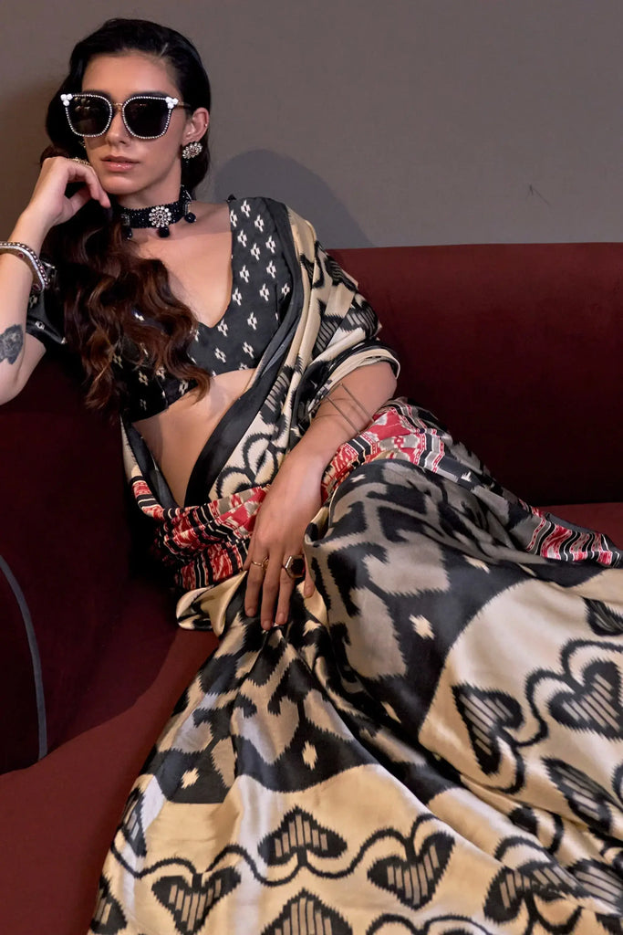 Gorgeous Cream Digital Printed Satin Event Wear Saree With Blouse