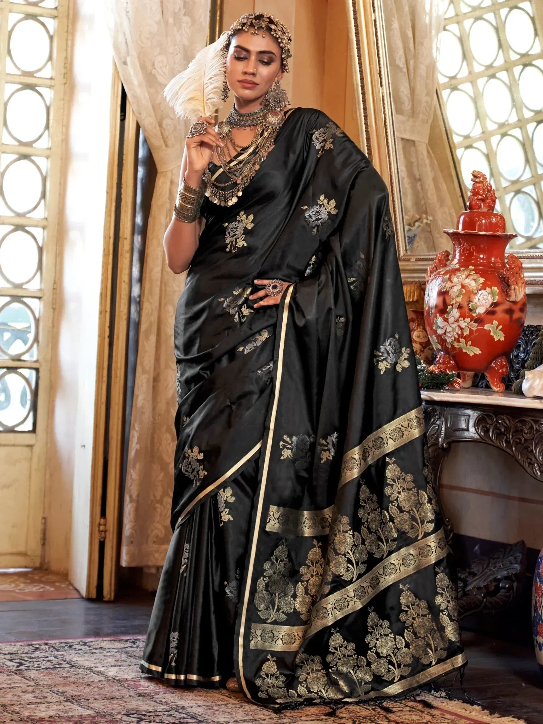 Black silk saree with gold floral embroidery, traditional Indian ethnic wear for women
