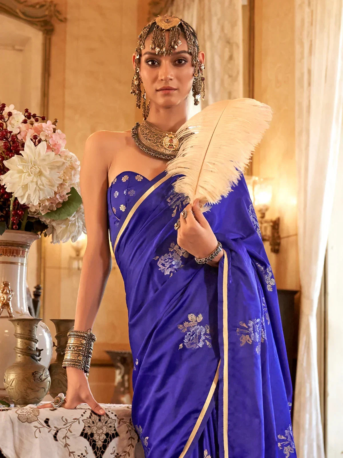 Gorgeous Royal Blue Zari Weaving Satin Event Wear Saree With Blouse