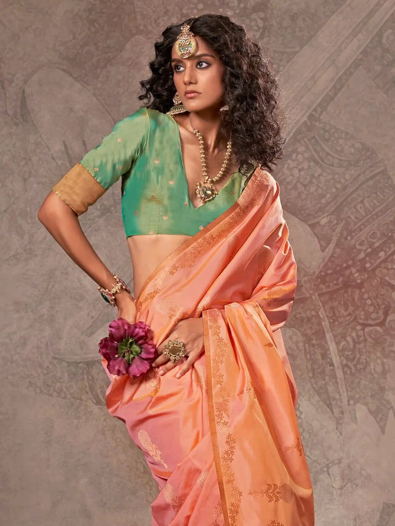 Captivating Orange Zari Weaving Silk Event Wear Saree With Blouse