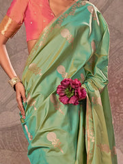 Attractive Teal Green Zari Weaving Silk Festival Wear Saree With Blouse
