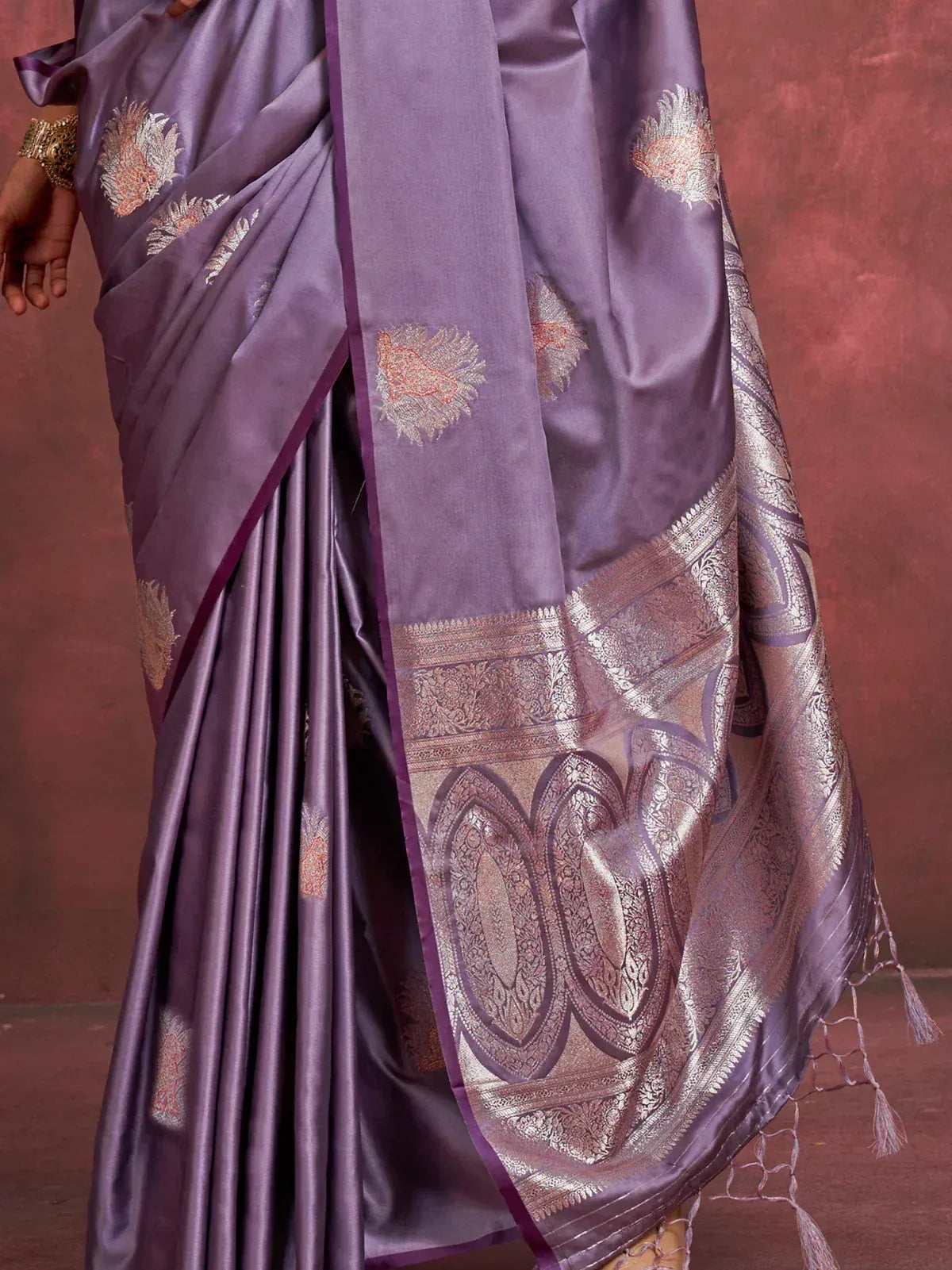 Purple silk saree with gold floral embroidery and intricate border, perfect for Indian ethnic wear