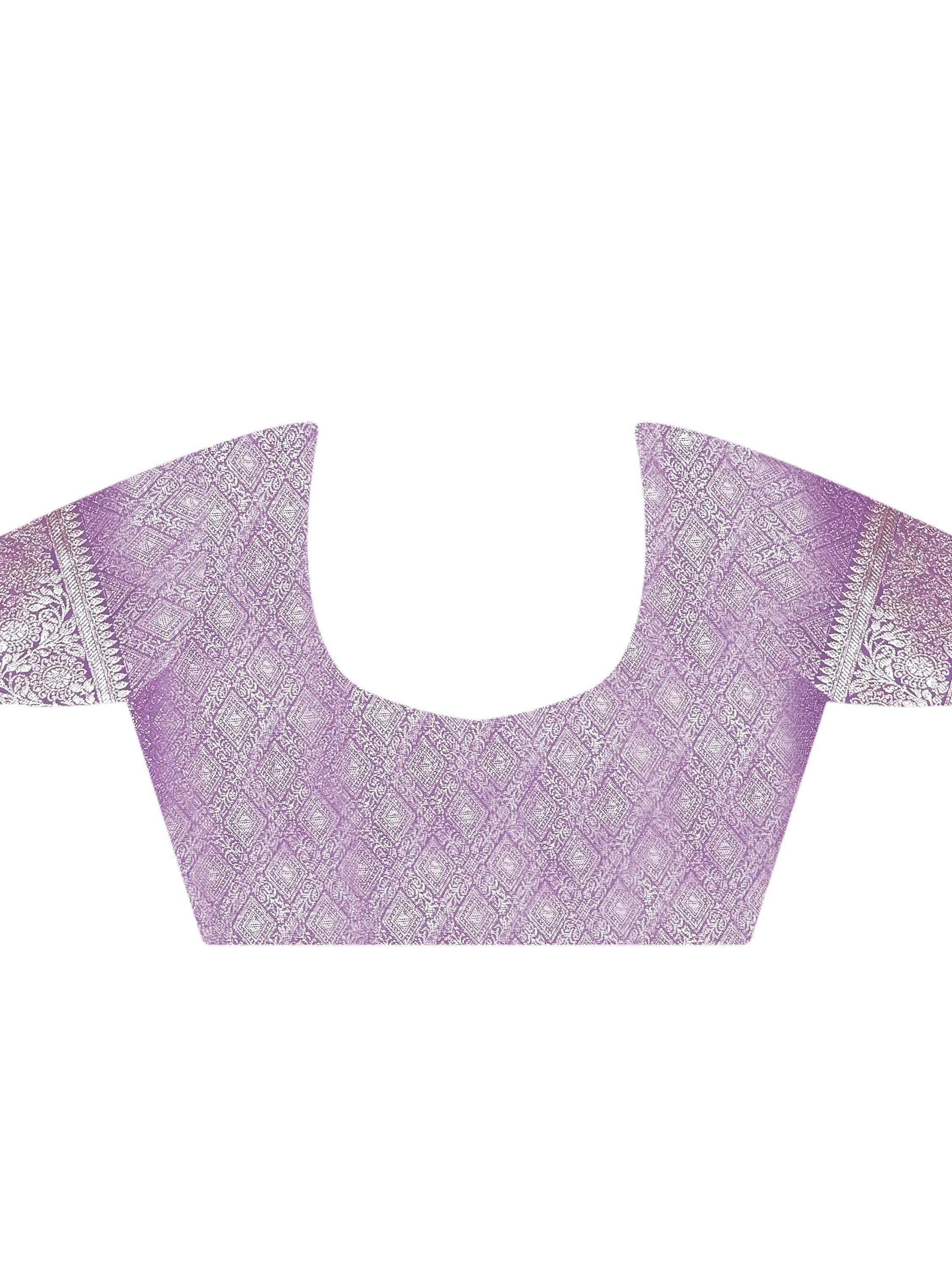 Purple ethnic blouse with intricate white geometric and floral patterns, ideal for lehenga or saree