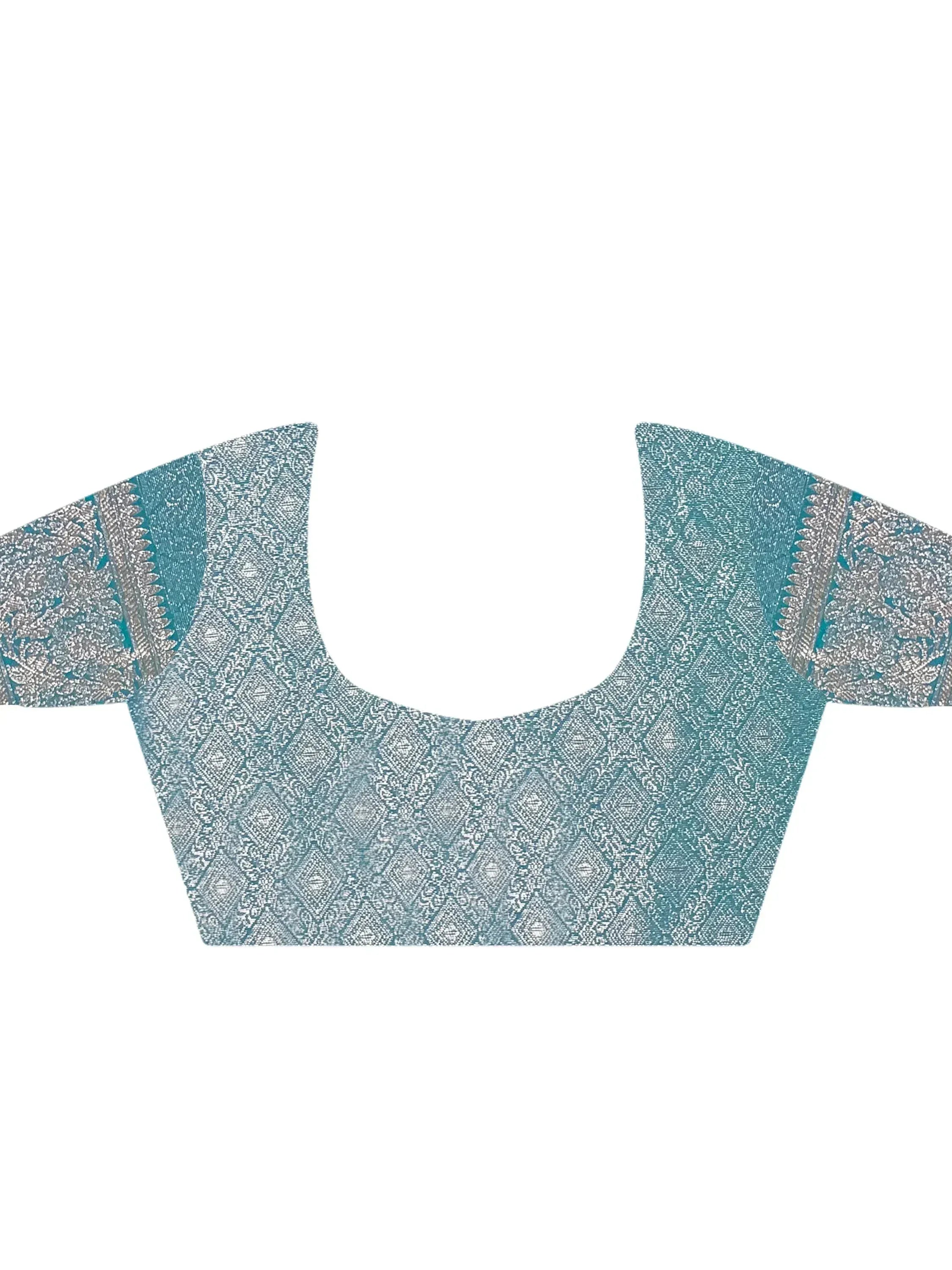 Teal and silver ethnic blouse with intricate diamond patterns and detailed sleeves