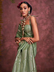 Mesmerizing Olive Green Zari Weaving Silk Banarasi Saree With Blouse