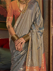 Beautiful Grey Weaving Tussar Silk Function Wear Saree With Blouse