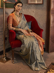 Beautiful Grey Weaving Tussar Silk Function Wear Saree With Blouse