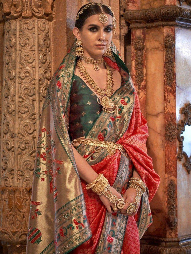 Fascinating Red Zari Weaving Silk Traditional Saree With Blouse