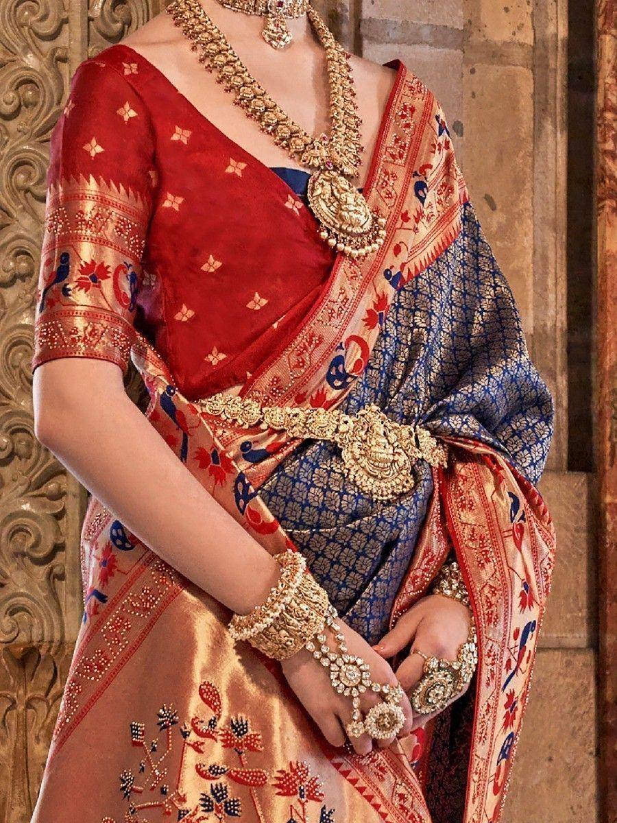 Red and blue designer saree with gold embroidery, traditional Indian ethnic wear, heavy jewelry