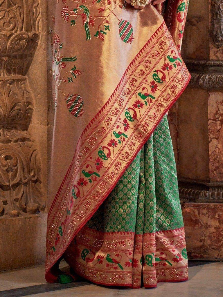 Beautiful Green Zari Woven Silk Mehendi Wear Saree With Blouse