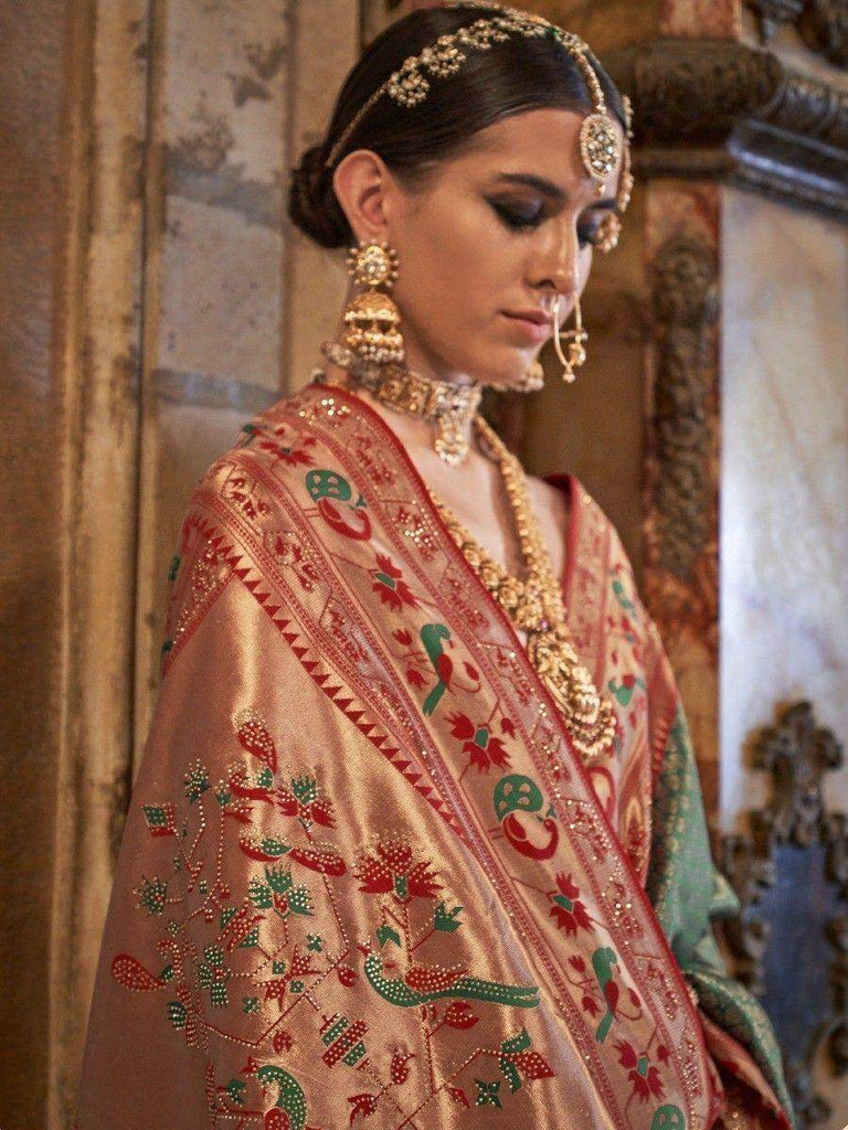 Beautiful Green Zari Woven Silk Mehendi Wear Saree With Blouse