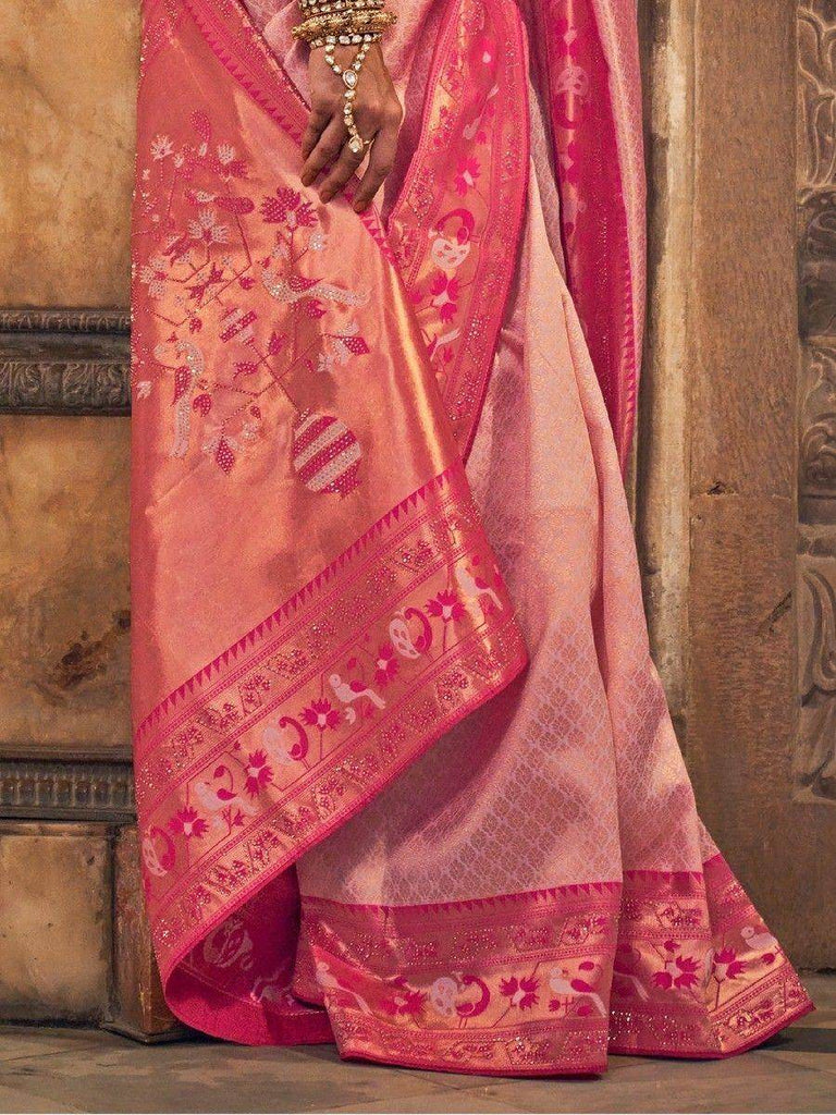 Fabulous Pink Zari Weaving Silk Traditional Saree With Blouse