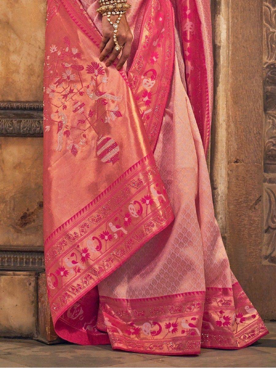 Pink embroidered saree with floral and bird motifs, perfect for Indian ethnic wear occasions