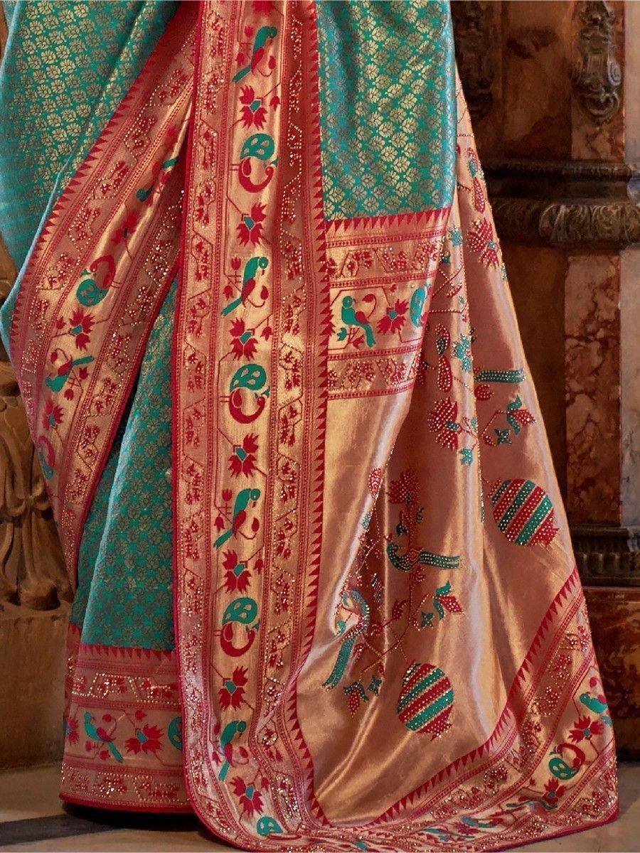 Turquoise and gold designer saree with peacock embroidery and sequin border, Indian ethnic wear