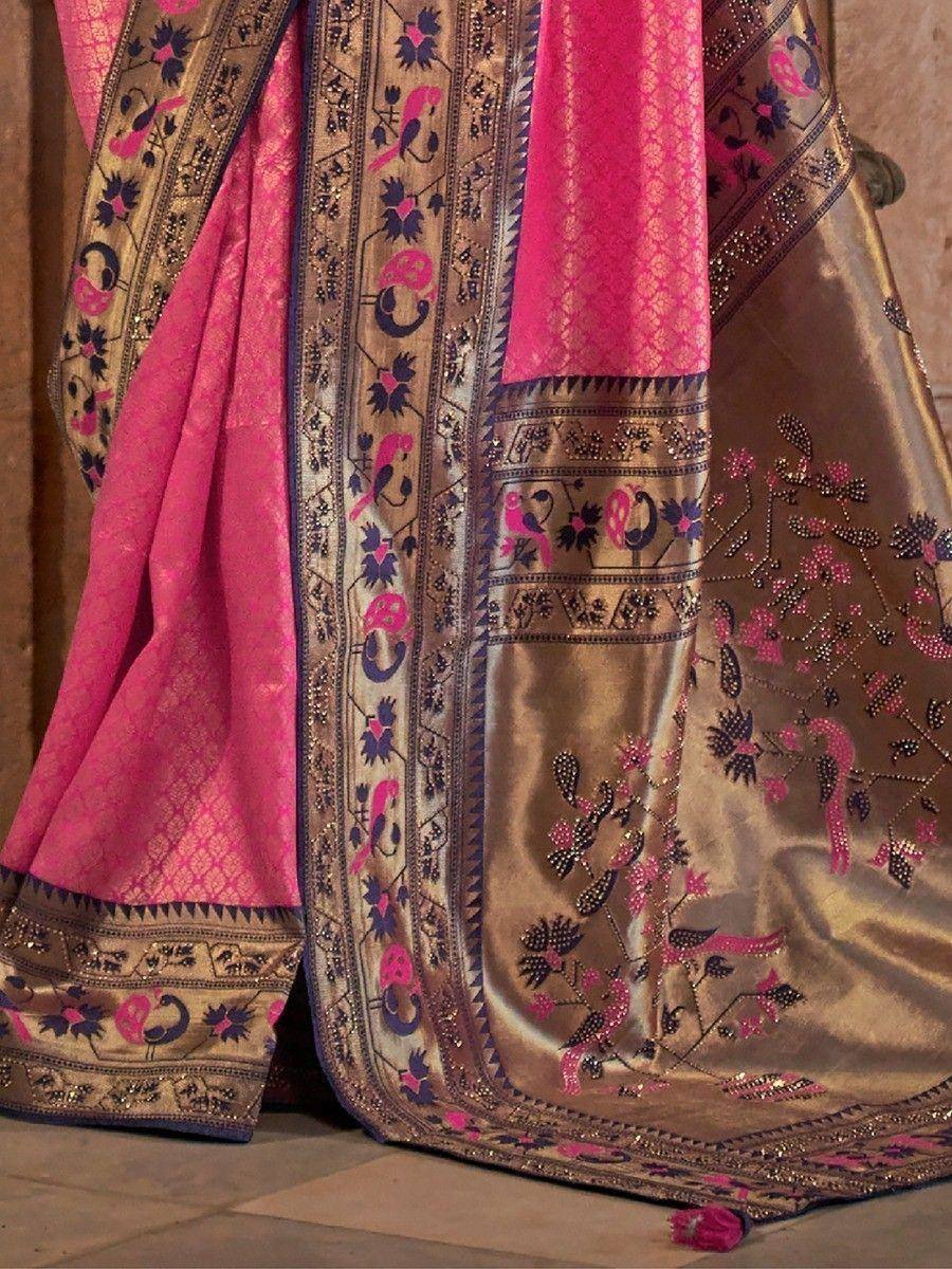 Pink and gold designer saree with peacock embroidery and zari border, ethnic Indian wear