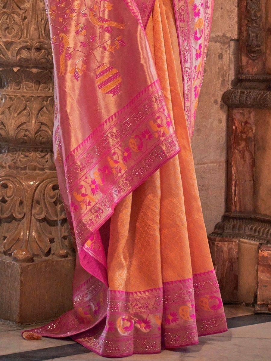 Pink and orange embroidered saree with peacock motifs, perfect for Indian ethnic wear occasions