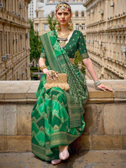 Beautiful Green Zari Weaving Reception Wear Saree With Blouse