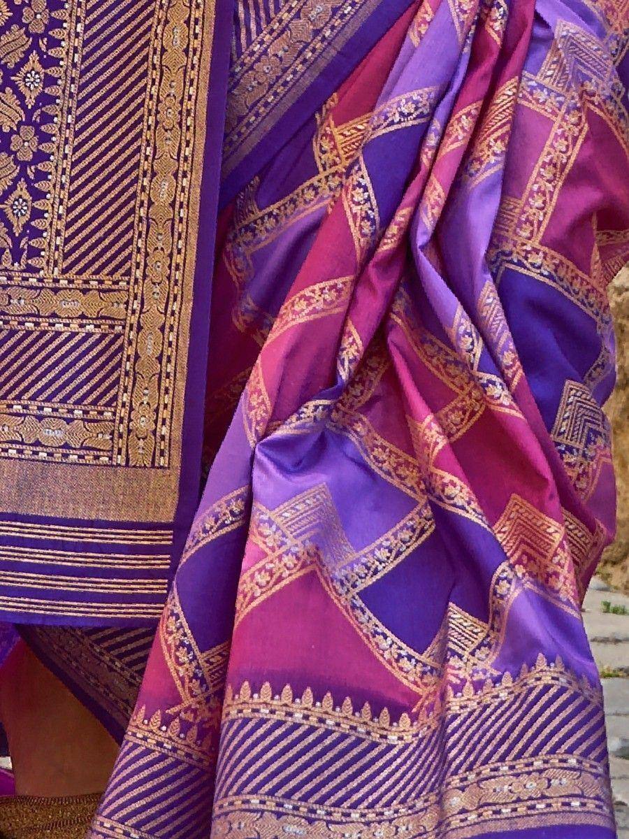 Purple and magenta designer saree with gold zari embroidery, ethnic wear for women